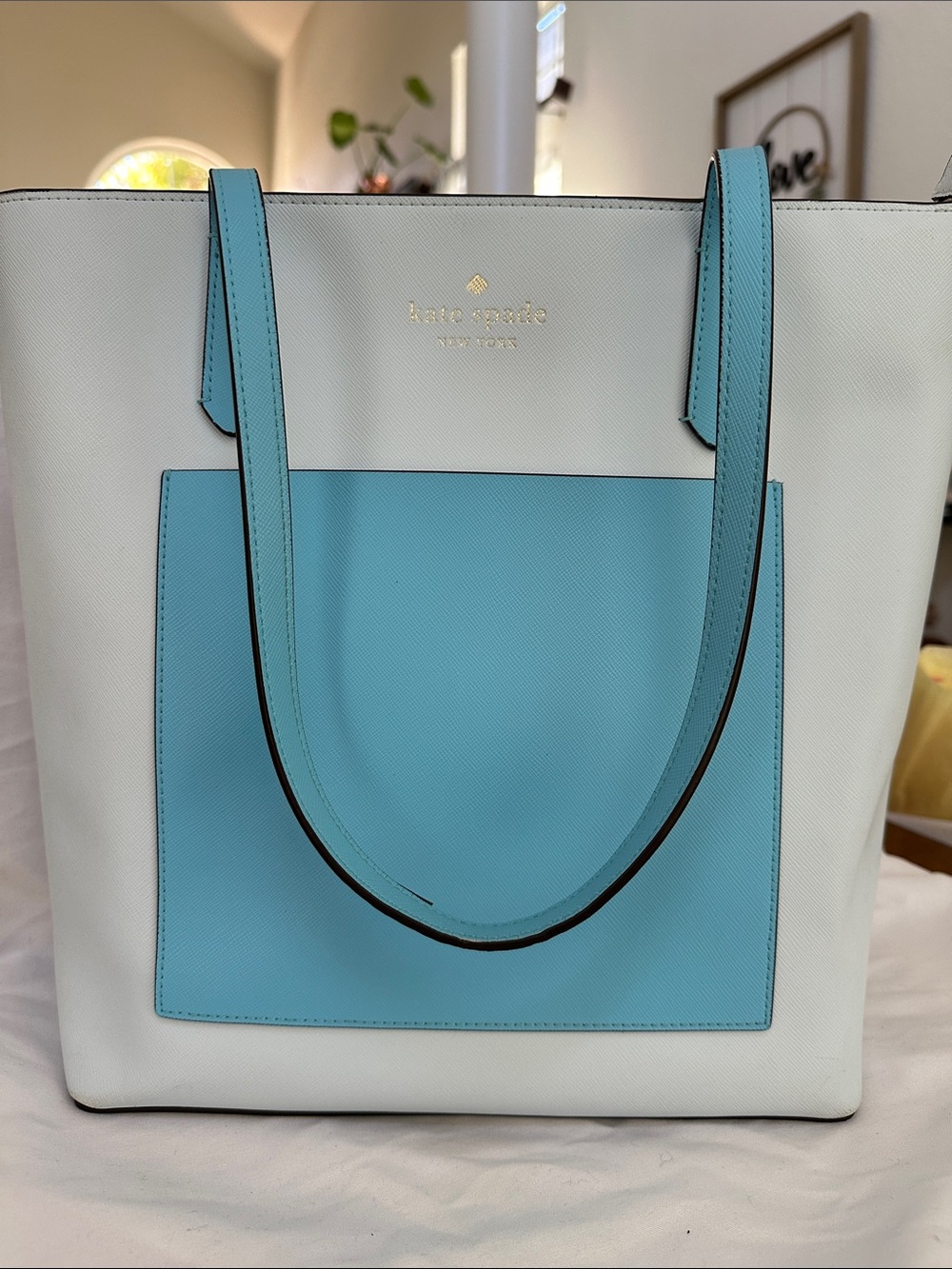 kate spade White and Light Blue Two-Tone Leather Tote